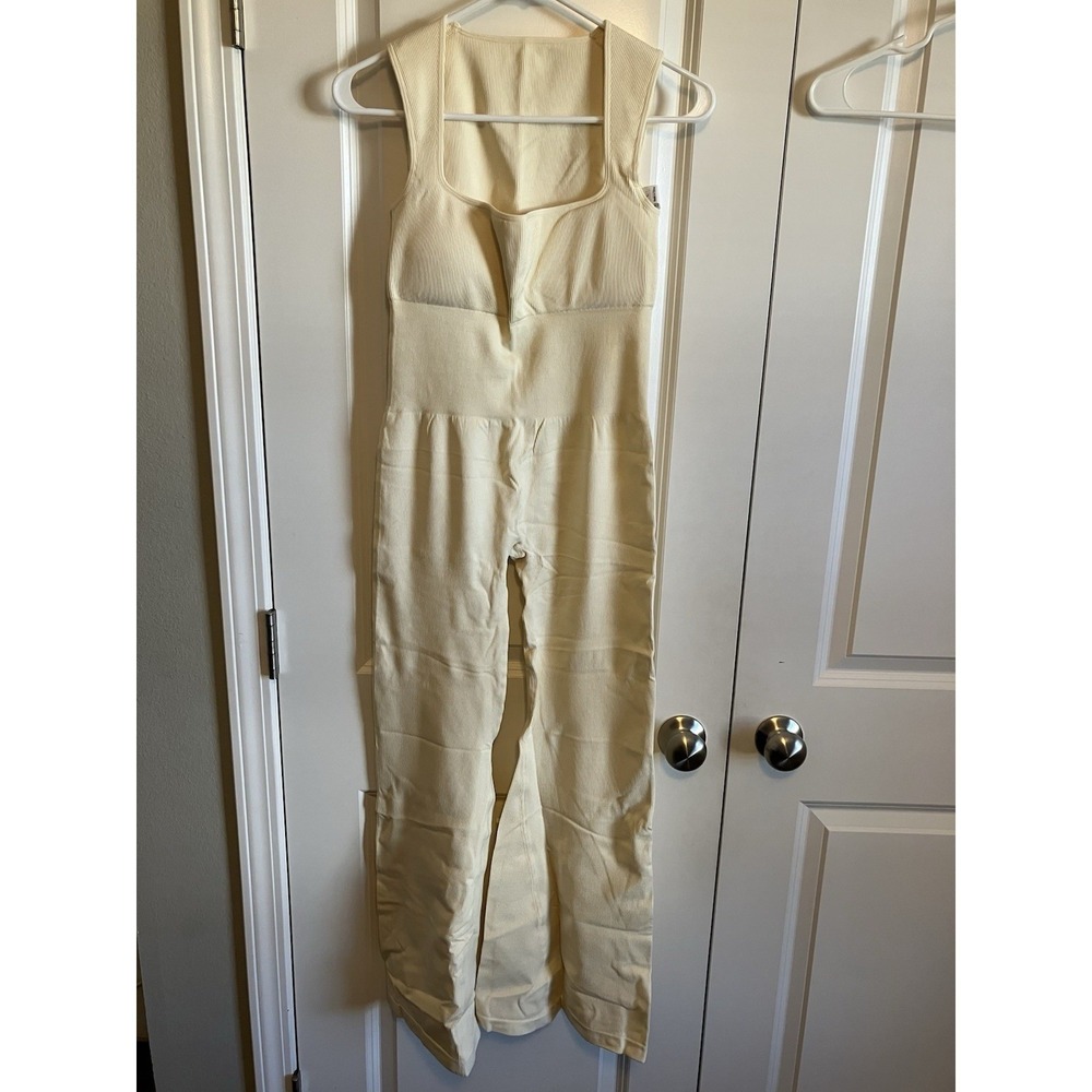 Omkagi Jumper Women Large Apricot New Ribbed Wide Leg Flare Jumpsuit C1071